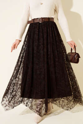 Çiçek Desen Tül Kemerli Etek Kahve 
