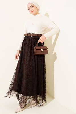 Çiçek Desen Tül Kemerli Etek Kahve - Etek