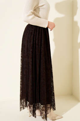 Çiçek Desen Tül Kemerli Etek Kahve - Etek