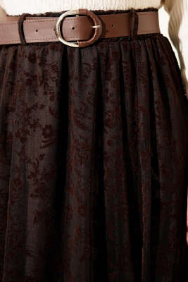 Çiçek Desen Tül Kemerli Etek Kahve - Etek