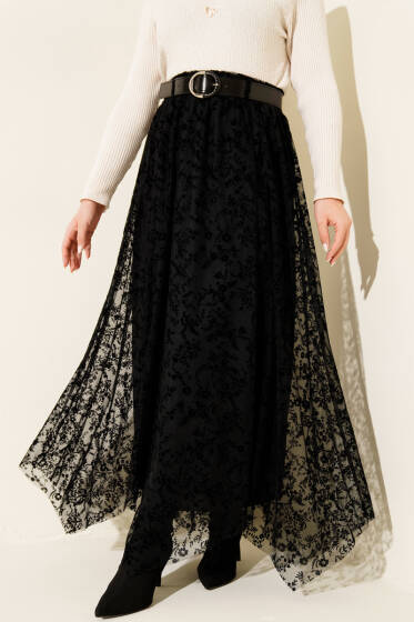 Çiçek Desen Tül Kemerli Etek Siyah - Etek