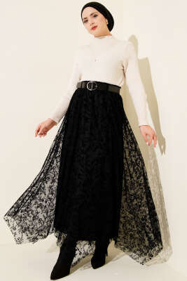 Çiçek Desen Tül Kemerli Etek Siyah - Etek