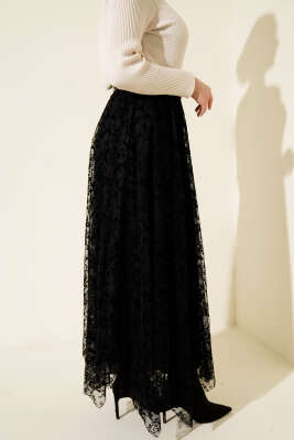 Çiçek Desen Tül Kemerli Etek Siyah - Etek