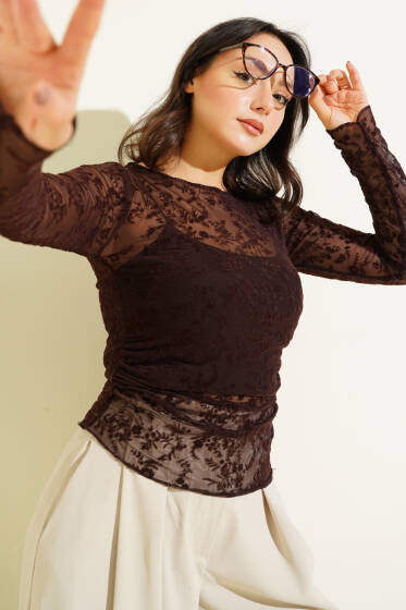 Çiçek Desen Tül Uzun Kol Bluz Acı Kahve - Kadın Giyim Modelleri