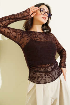 Çiçek Desen Tül Uzun Kol Bluz Acı Kahve - Kadın Giyim Modelleri