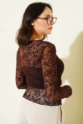 Çiçek Desen Tül Uzun Kol Bluz Acı Kahve - Yılın Fırsatı