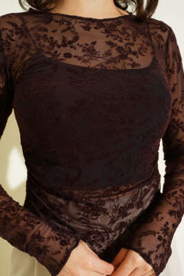 Çiçek Desen Tül Uzun Kol Bluz Acı Kahve - Yılın Fırsatı