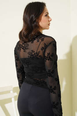 Çiçek Desen Tül Uzun Kol Bluz Siyah - Kadın Giyim Modelleri