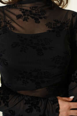 Çiçek Desen Tül Uzun Kol Bluz Siyah - Kadın Giyim Modelleri