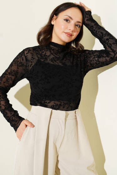 Çiçek Desen Tül Uzun Kol Bluz Siyah - Kadın Giyim Modelleri