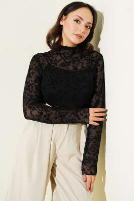 Çiçek Desen Tül Uzun Kol Bluz Siyah - Kadın Giyim Modelleri