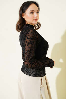 Çiçek Desen Tül Uzun Kol Bluz Siyah - Yılın Fırsatı