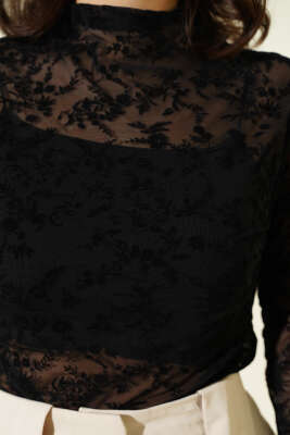 Çiçek Desen Tül Uzun Kol Bluz Siyah - Yılın Fırsatı