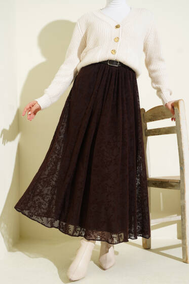 Çiçek Desen Tüllü Kloş Etek Kahve - Etek