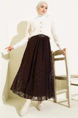 Çiçek Desen Tüllü Kloş Etek Kahve - Etek