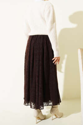 Çiçek Desen Tüllü Kloş Etek Kahve - Etek