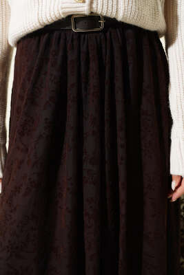 Çiçek Desen Tüllü Kloş Etek Kahve - Etek