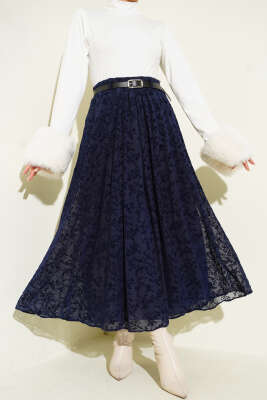 Çiçek Desen Tüllü Kloş Etek Lacivert - ERME