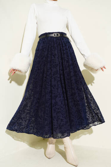 Çiçek Desen Tüllü Kloş Etek Lacivert - Etek