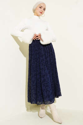 Çiçek Desen Tüllü Kloş Etek Lacivert - Etek