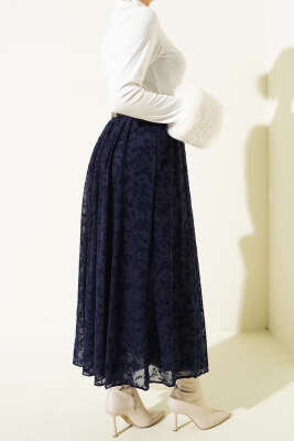 Çiçek Desen Tüllü Kloş Etek Lacivert - Etek