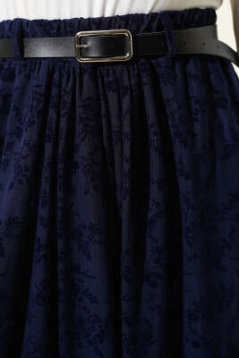 Çiçek Desen Tüllü Kloş Etek Lacivert - Etek