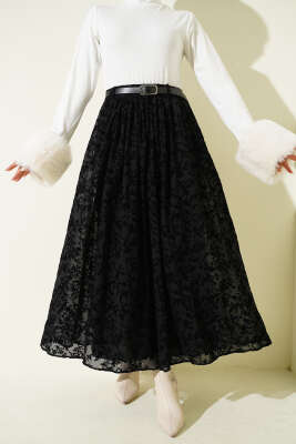 Çiçek Desen Tüllü Kloş Etek Siyah - ERME