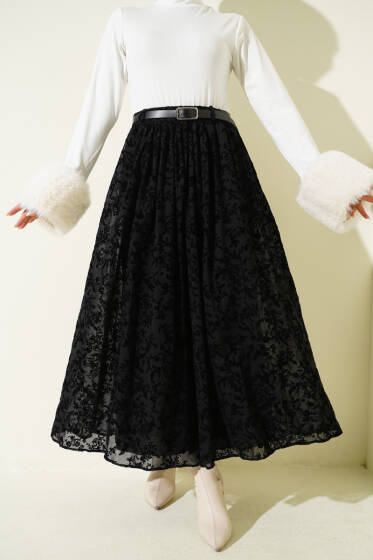 Çiçek Desen Tüllü Kloş Etek Siyah - Etek