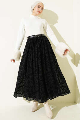 Çiçek Desen Tüllü Kloş Etek Siyah - Etek