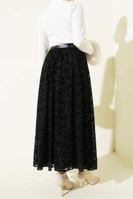 Çiçek Desen Tüllü Kloş Etek Siyah - Etek