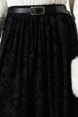 Çiçek Desen Tüllü Kloş Etek Siyah - Etek