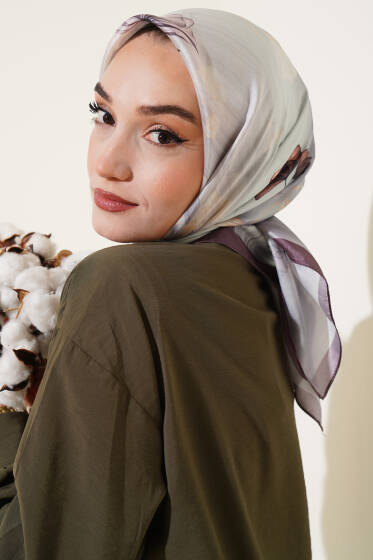 Çiçek Desen Twill Eşarp Acı Kahve - Başörtüsü