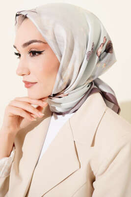 Çiçek Desen Twill Eşarp Acı Kahve 