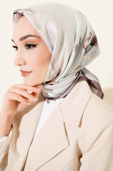Çiçek Desen Twill Eşarp Acı Kahve - Başörtüsü