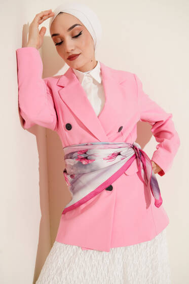 Çiçek Desen Twill Eşarp Fuşya - Başörtüsü