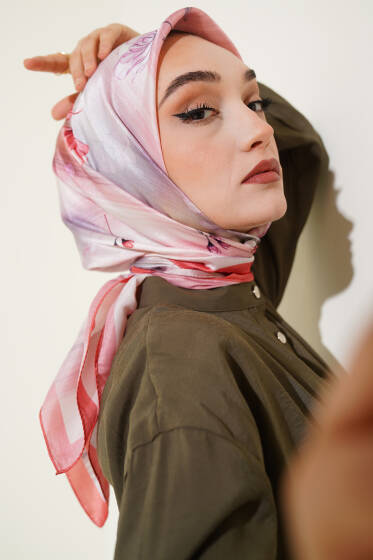 Çiçek Desen Twill Eşarp Gül Kurusu - Başörtüsü
