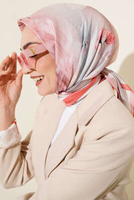 Çiçek Desen Twill Eşarp Gül Kurusu - Başörtüsü