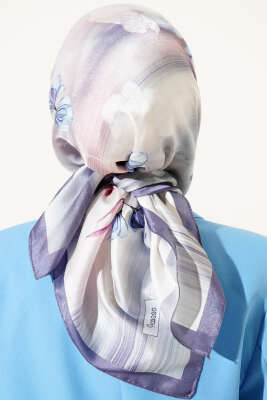 Çiçek Desen Twill Eşarp Kayrak Grisi - Başörtüsü