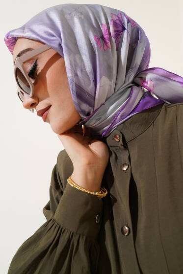 Çiçek Desen Twill Eşarp Lila - Başörtüsü