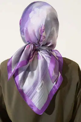 Çiçek Desen Twill Eşarp Lila - Başörtüsü