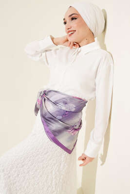 Çiçek Desen Twill Eşarp Lila 