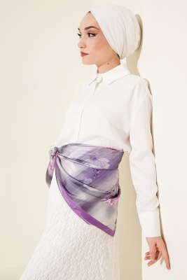 Çiçek Desen Twill Eşarp Lila - Başörtüsü