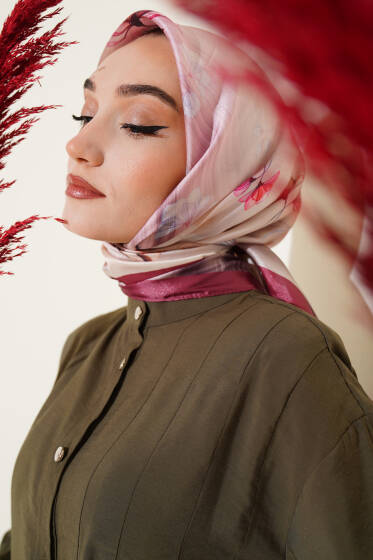 Çiçek Desen Twill Eşarp Magenta - Başörtüsü