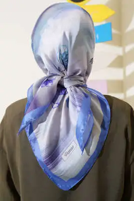 Çiçek Desen Twill Eşarp Mavi - Başörtüsü