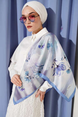 Çiçek Desen Twill Eşarp Mavi 