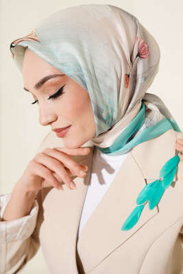 Çiçek Desen Twill Eşarp Mint - SİNEM EŞARP