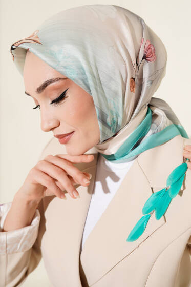 Çiçek Desen Twill Eşarp Mint - Başörtüsü