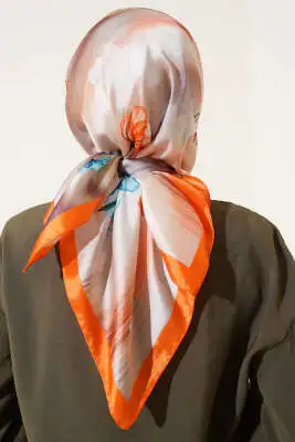 Çiçek Desen Twill Eşarp Oranj - Başörtüsü