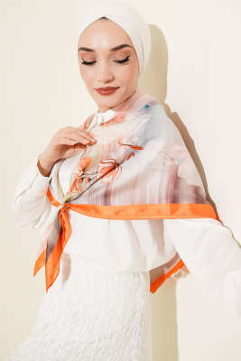 Çiçek Desen Twill Eşarp Oranj 