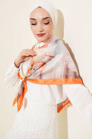 Çiçek Desen Twill Eşarp Oranj - Başörtüsü